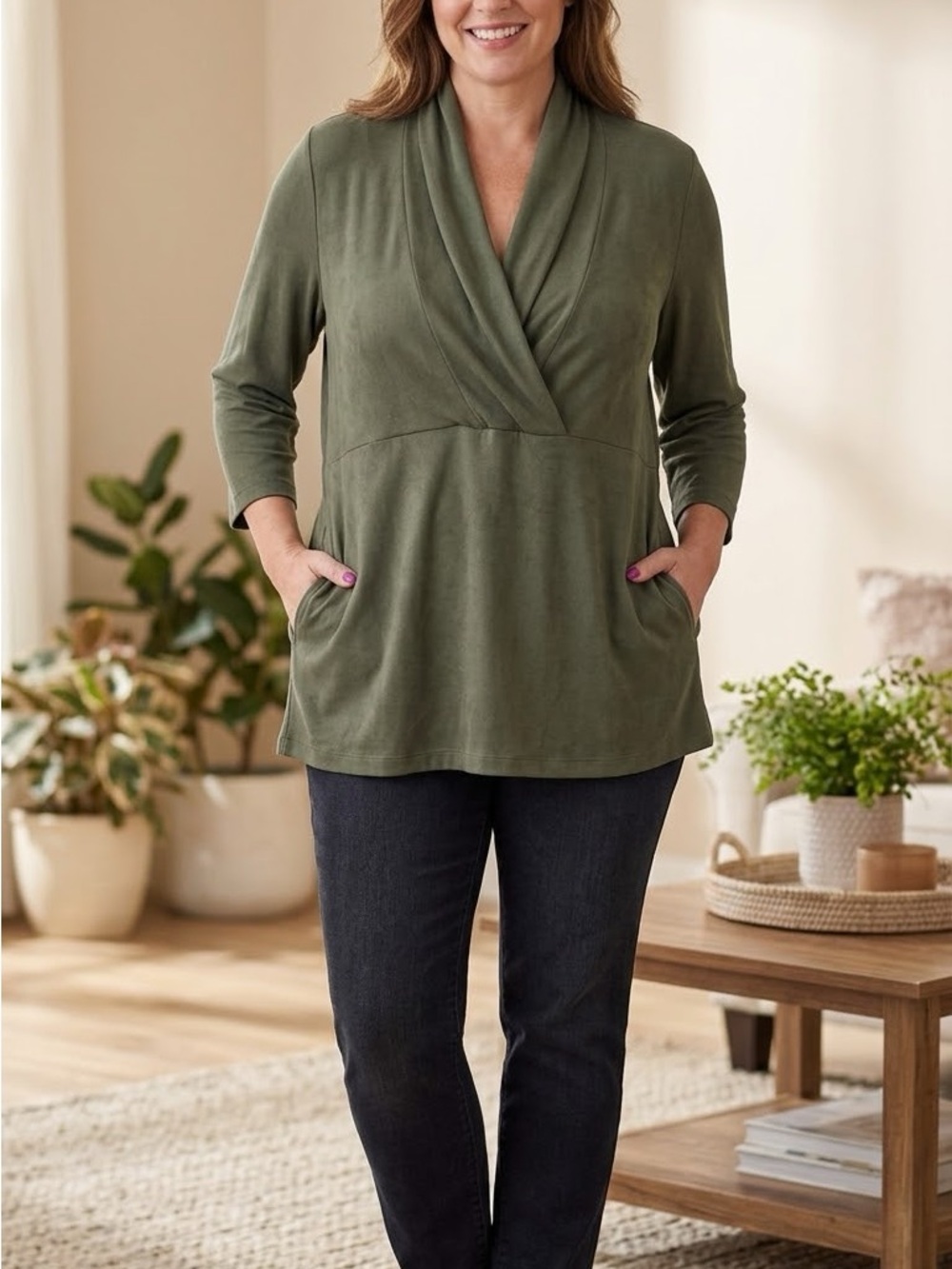 Coldwater Creek Olive Green Draped Crossover Tunic